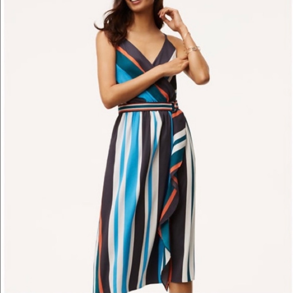 Loft Striped Skyline Wrap Dress Belted Waist SZ SP